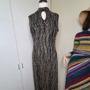 #30 vtg 90s Ronni Nicole Size 10Petite Glitter Maxi black and gold formal dress